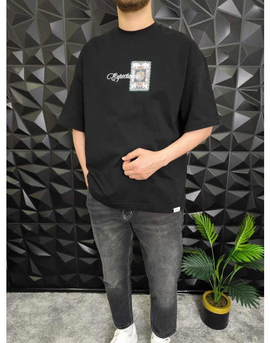 Expectation Nakışlı Patchli Oversize T-Shirt Siyah