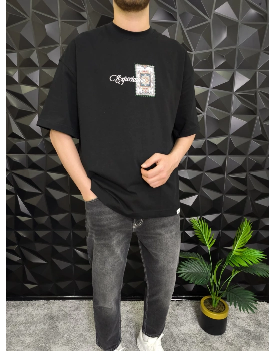 Expectation Nakışlı Patchli Oversize T-Shirt Siyah