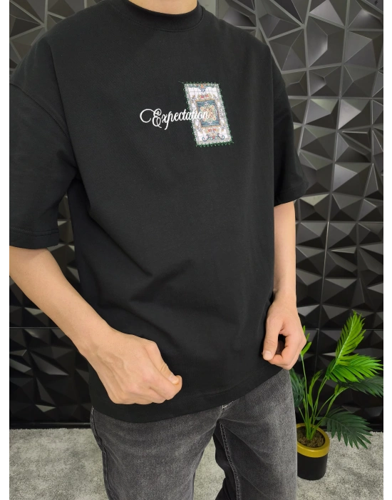 Expectation Nakışlı Patchli Oversize T-Shirt Siyah