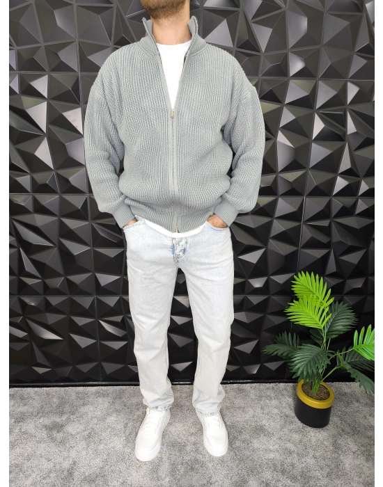 Fermuarlı Örme Hırka Gri