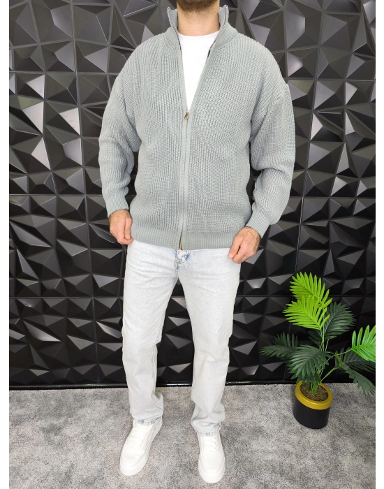 Fermuarlı Örme Hırka Gri