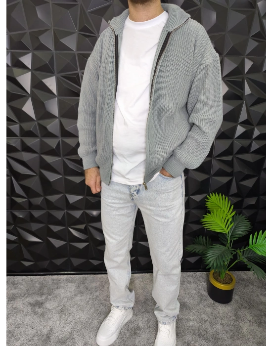 Fermuarlı Örme Hırka Gri