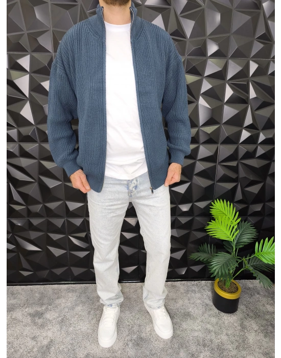 Fermuarlı Örme Hırka İndigo