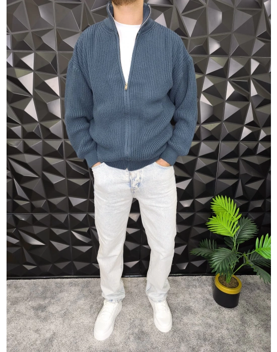 Fermuarlı Örme Hırka İndigo