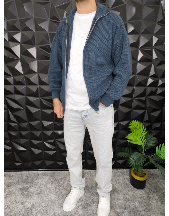 Fermuarlı Örme Hırka İndigo