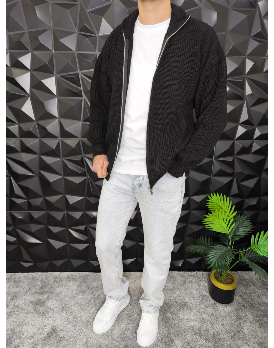 Fermuarlı Örme Hırka Siyah