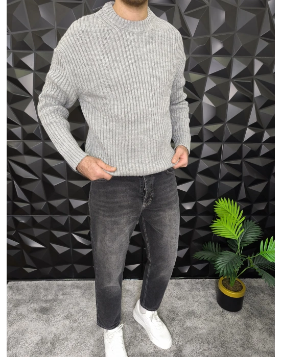 Fitilli Örme Kazak Gri