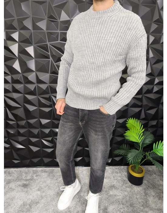 Fitilli Örme Kazak Gri