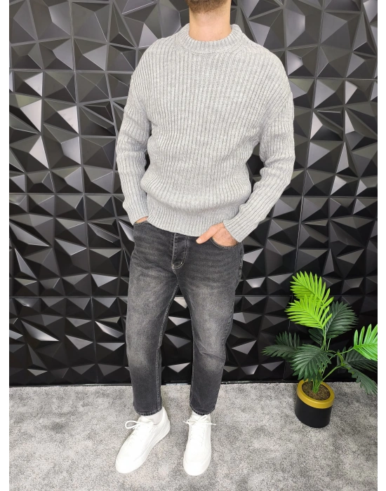 Fitilli Örme Kazak Gri