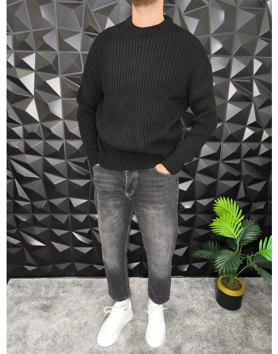 Fitilli Örme Kazak Siyah