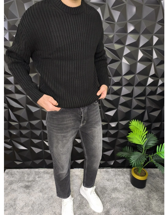 Fitilli Örme Kazak Siyah