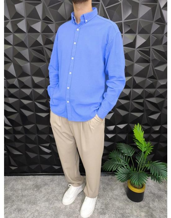 Giesto Krinkıl Kumaş Gömlek Saks Mavi