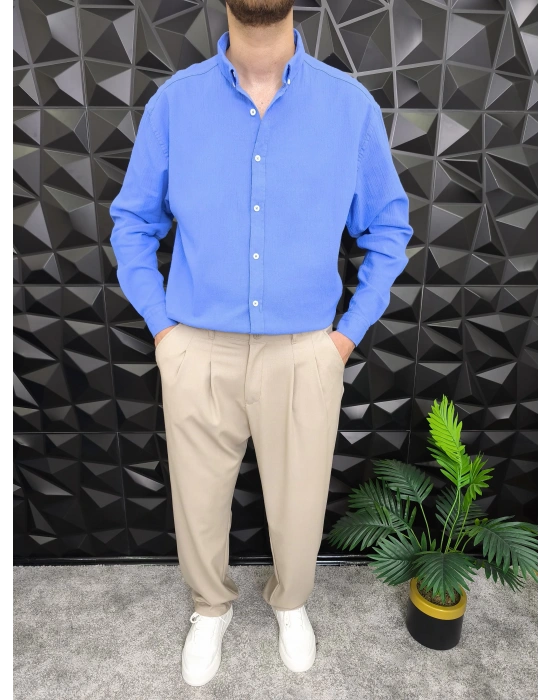 Giesto Krinkıl Kumaş Gömlek Saks Mavi