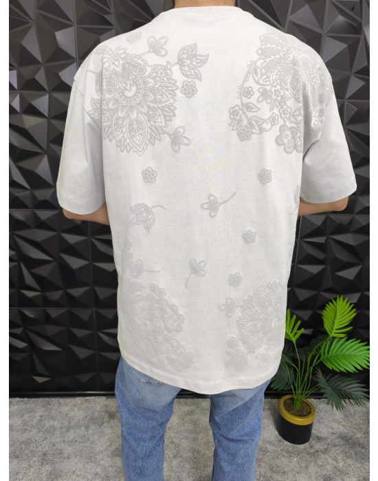 GRİ Şal Deseni Kabartmalı baskı Oversize T-Shirt