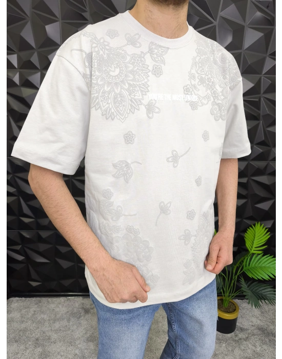 GRİ Şal Deseni Kabartmalı baskı Oversize T-Shirt
