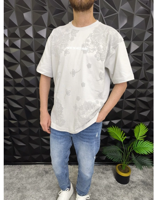 GRİ Şal Deseni Kabartmalı baskı Oversize T-Shirt