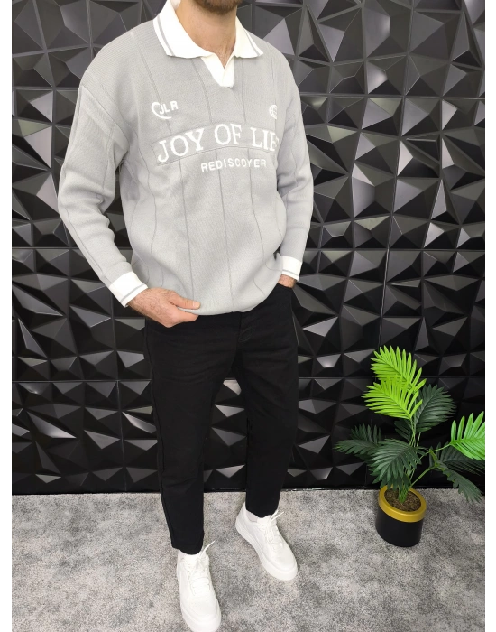 Nakış Detaylı Polo Yaka Triko Gri