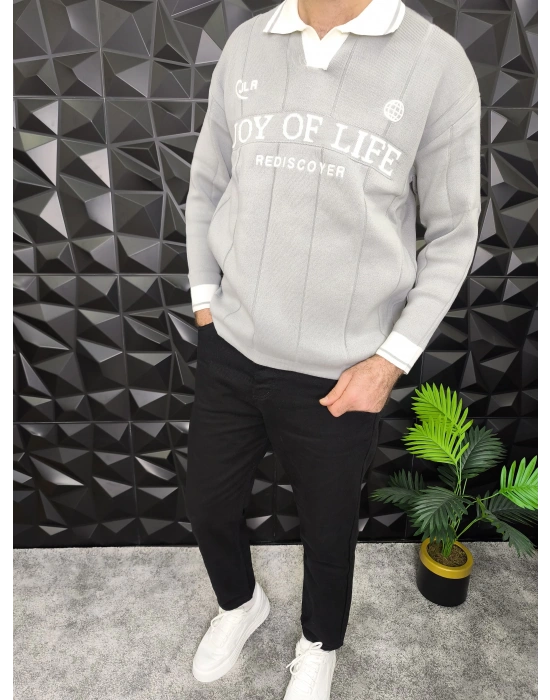 Nakış Detaylı Polo Yaka Triko Gri