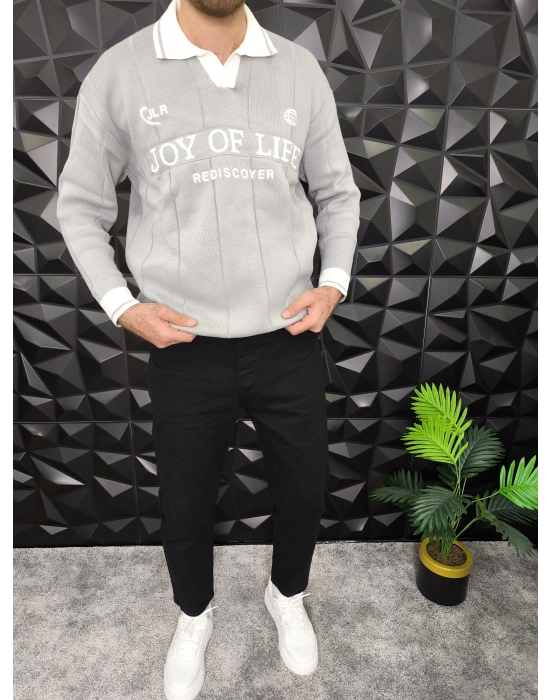 Nakış Detaylı Polo Yaka Triko Gri