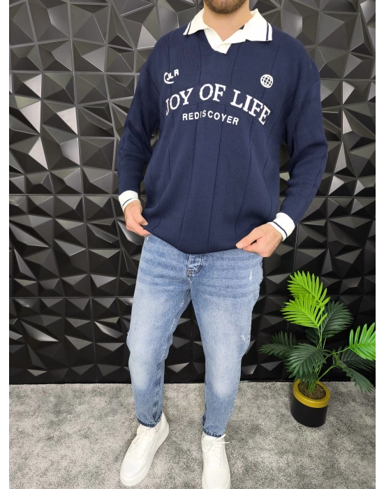 Nakış Detaylı Polo Yaka Triko Lacivert