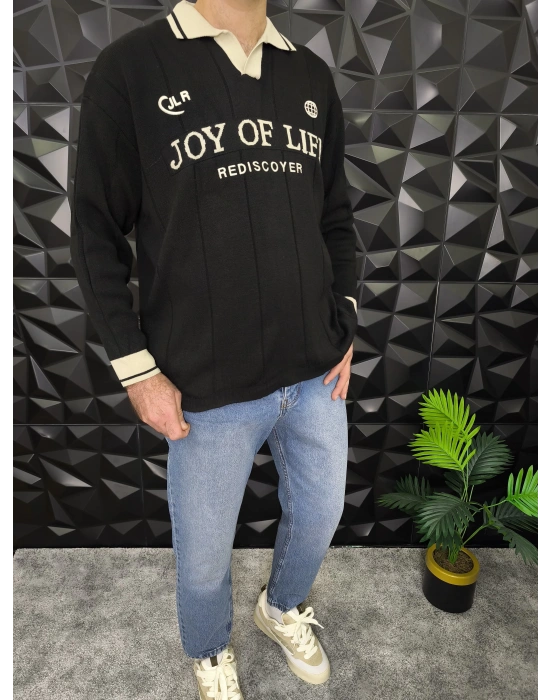 Nakış Detaylı Polo Yaka Triko Siyah