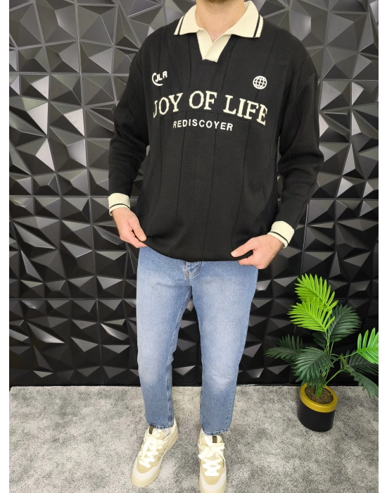 Nakış Detaylı Polo Yaka Triko Siyah