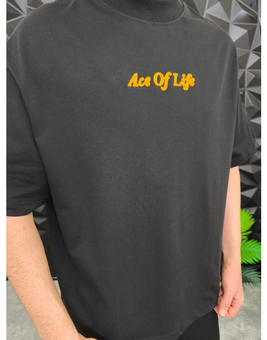 Siyah Ace Of Life süzene Nakışlı Oversize T-Shirt