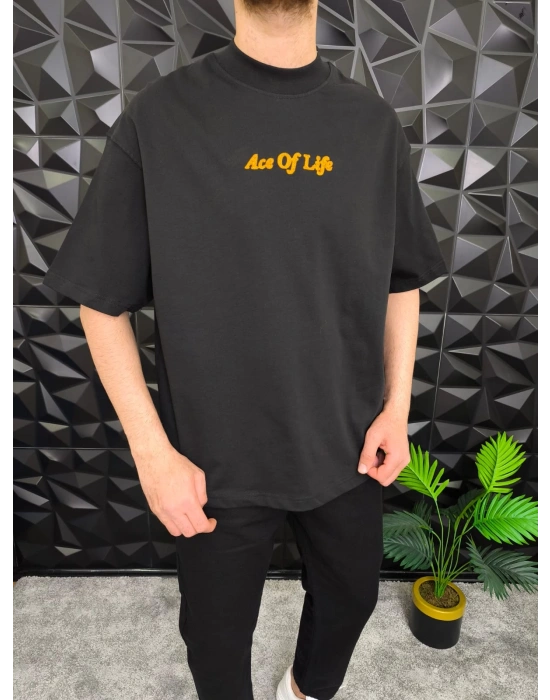 Siyah Ace Of Life süzene Nakışlı Oversize T-Shirt