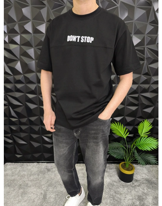 Siyah Dont Stop Kabartmalı baskı Oversize T-Shirt