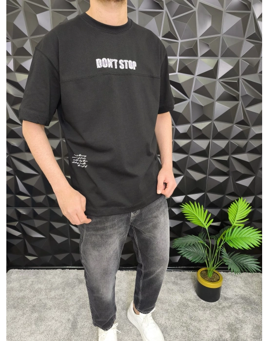 Siyah Dont Stop Kabartmalı baskı Oversize T-Shirt