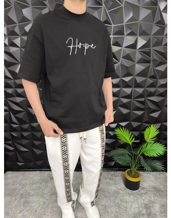 Siyah Hope Nakış Kdife Patchli Oversize T-shirt