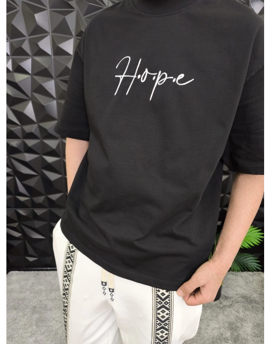 Siyah Hope Nakış Kdife Patchli Oversize T-shirt