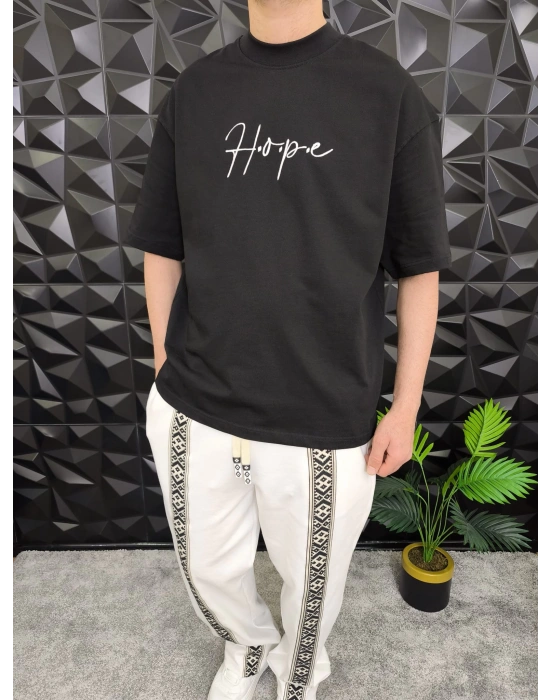 Siyah Hope Nakış Kdife Patchli Oversize T-shirt