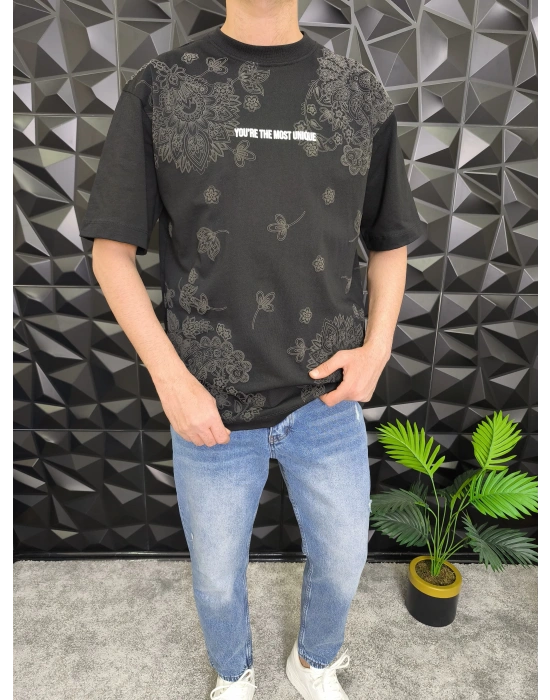 Siyah Şal Deseni Kabartmalı baskı Oversize T-Shirt
