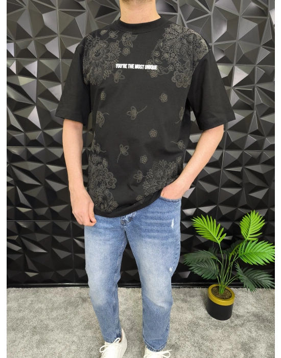 Siyah Şal Deseni Kabartmalı baskı Oversize T-Shirt