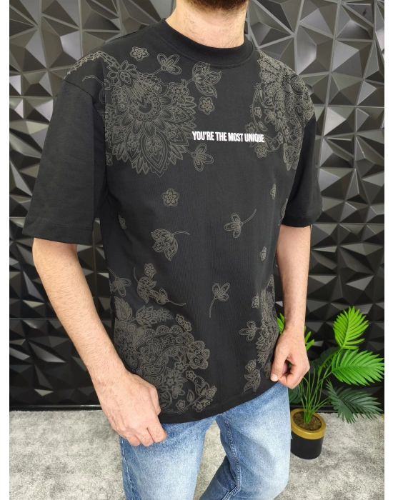 Siyah Şal Deseni Kabartmalı baskı Oversize T-Shirt
