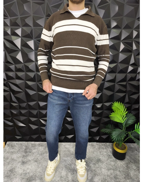 V Yaka Çizgili Triko Kahverengi