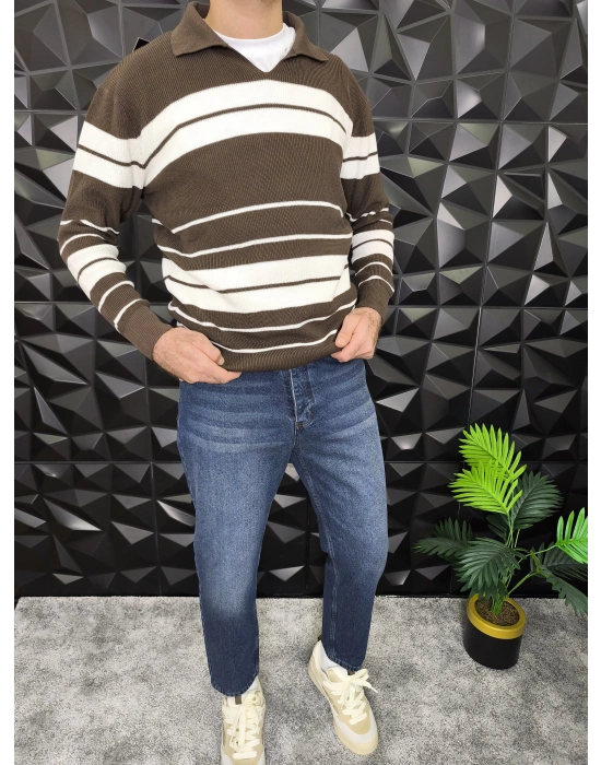 V Yaka Çizgili Triko Kahverengi