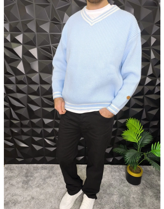 V Yaka Crop Örme Kalın Kazak Bebe Mavi