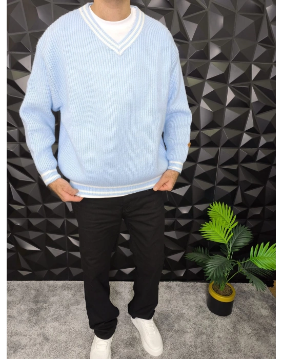 V Yaka Crop Örme Kalın Kazak Bebe Mavi