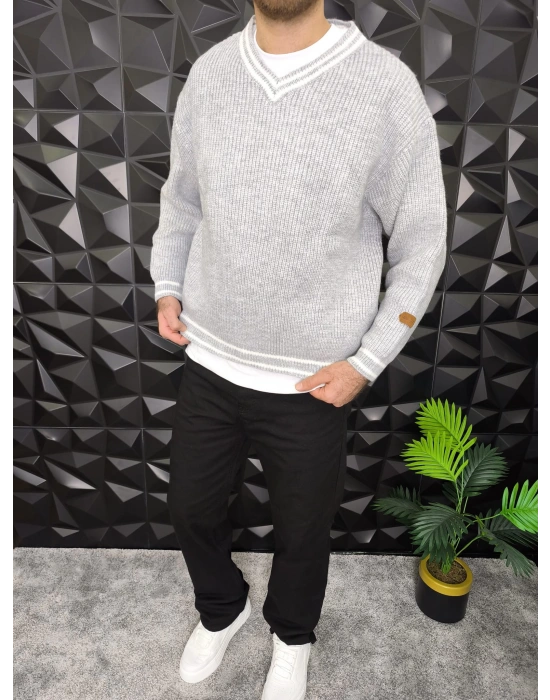 V Yaka Crop Örme Kalın Kazak Gri