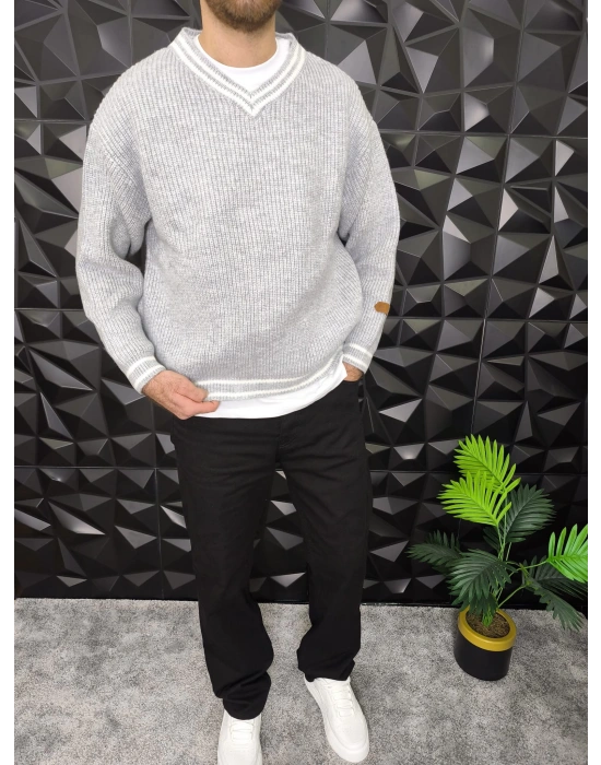 V Yaka Crop Örme Kalın Kazak Gri