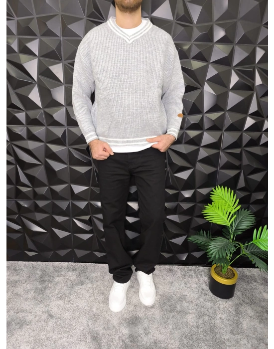 V Yaka Crop Örme Kalın Kazak Gri