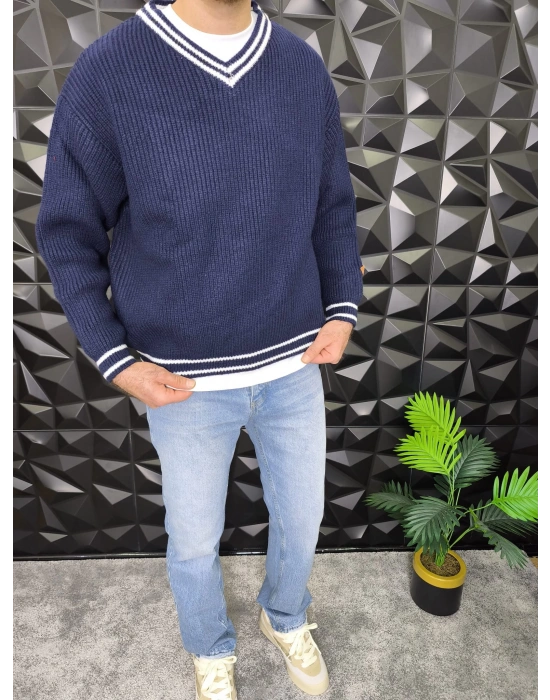 V Yaka Crop Örme Kalın Kazak Lacivert