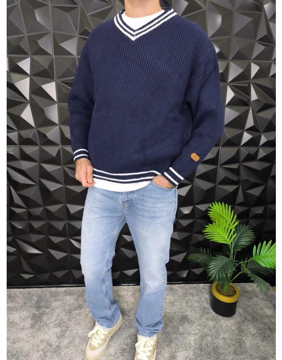 V Yaka Crop Örme Kalın Kazak Lacivert