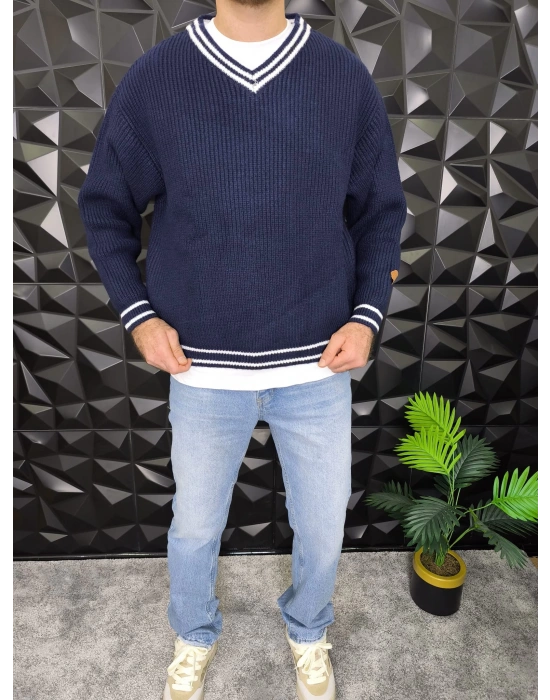 V Yaka Crop Örme Kalın Kazak Lacivert