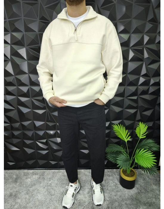 Yarım Fermuarlı 3 İplik Şardonlu Sweatshirt Ekru