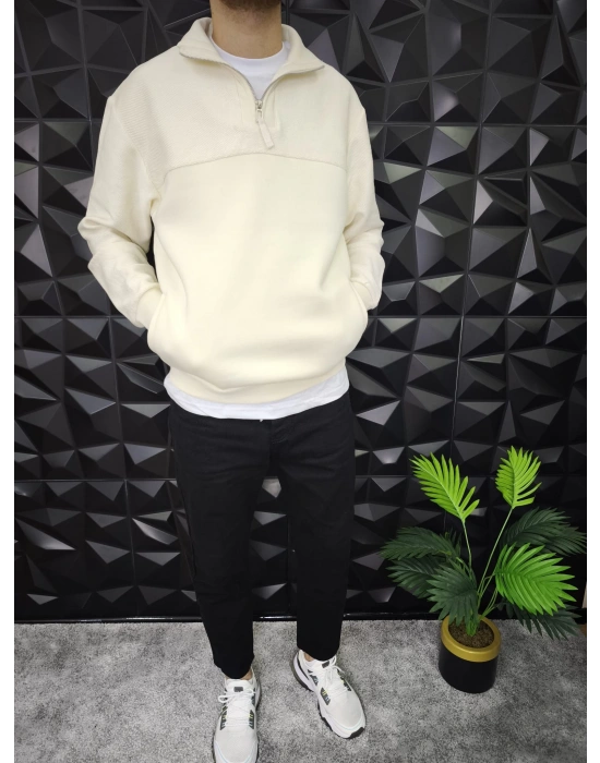 Yarım Fermuarlı 3 İplik Şardonlu Sweatshirt Ekru