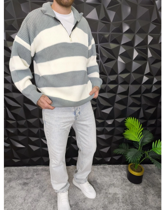 Yarım Fermuarlı Şeritli Örme Kazak Gri