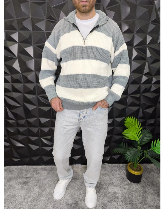 Yarım Fermuarlı Şeritli Örme Kazak Gri